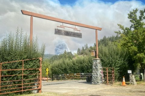 camp gate with smoke