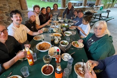 group eating at the fall work weekend