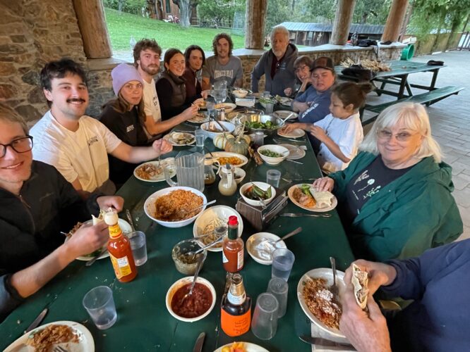 group eating at the fall work weekend